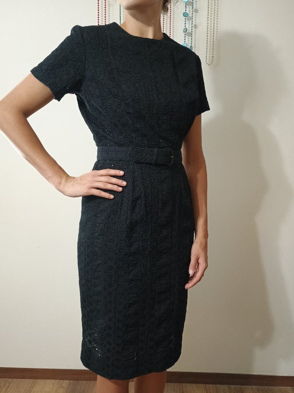 Vintage Jeanne Model Textured Eyelet Belted Midi Dress 14